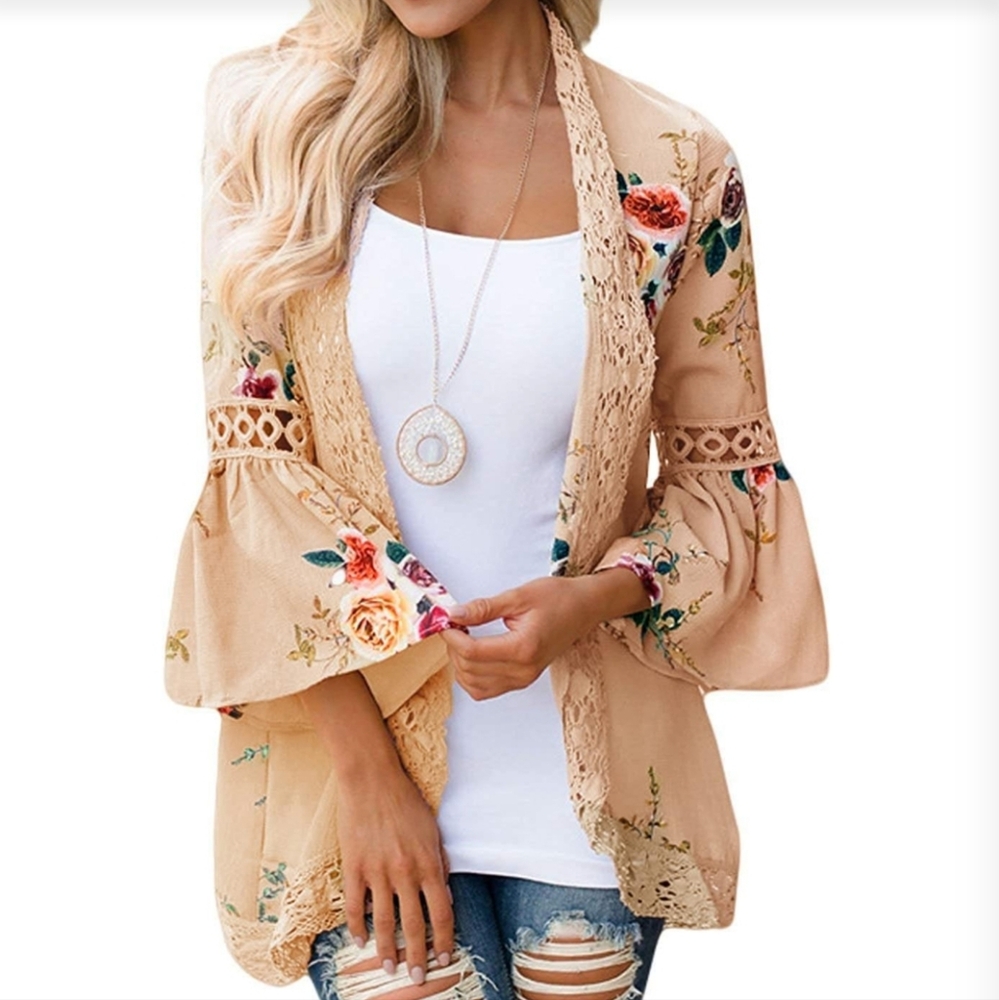 Floral Lace-Trim Open Front Cardigan - Blush Pink - Picture 11 of 14